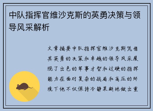 中队指挥官维沙克斯的英勇决策与领导风采解析