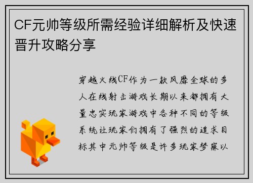 CF元帅等级所需经验详细解析及快速晋升攻略分享